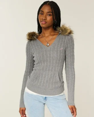 Faux Fur Trim Hooded Cable-Knit Sweater