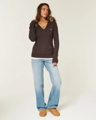 Faux Fur Trim Hooded Cable-Knit Sweater