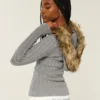 Faux Fur Trim Hooded Cable-Knit Sweater Faux Fur Trim Hooded Cable-Knit Sweater
