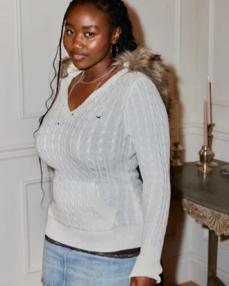 Faux Fur Trim Hooded Cable-Knit Sweater