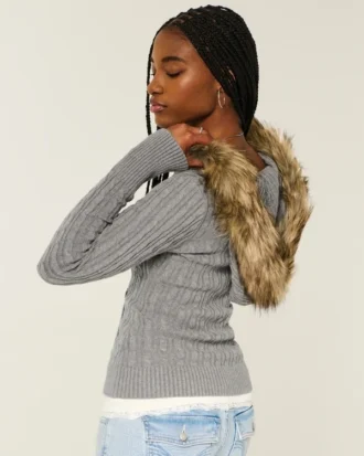 Faux Fur Trim Hooded Cable-Knit Sweater