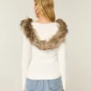 Faux Fur Trim Hooded Cable-Knit Sweater Faux Fur Trim Hooded Cable-Knit Sweater