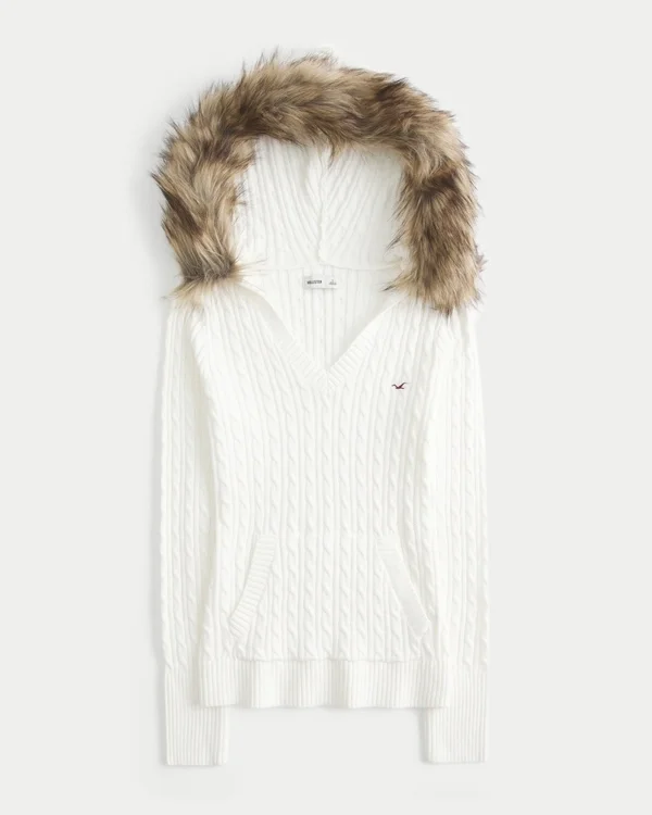 Faux Fur Trim Hooded Cable-Knit Sweater Faux Fur Trim Hooded Cable-Knit Sweater