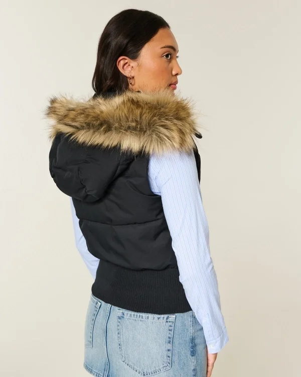 Faux Fur Trim Hooded Y2K Vest Faux Fur Trim Hooded Y2K Vest
