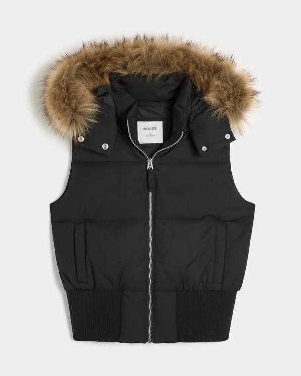Faux Fur Trim Hooded Y2K Vest Faux Fur Trim Hooded Y2K Vest