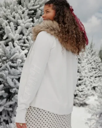 Faux Fur Trim Logo Graphic Zip-Up Hoodie