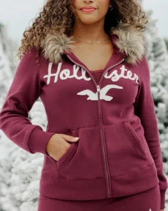 Faux Fur Trim Logo Graphic Zip-Up Hoodie