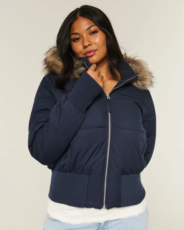 Faux Fur Trim Puffer Bomber Jacket Faux Fur Trim Puffer Bomber Jacket