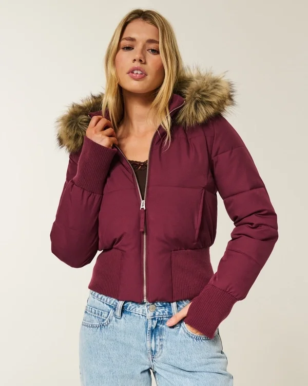 Faux Fur Trim Puffer Bomber Jacket Faux Fur Trim Puffer Bomber Jacket