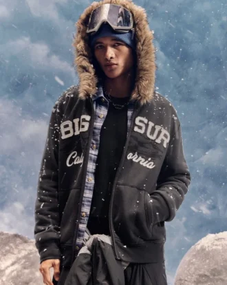 Faux Fur Trim Zip-Up Big Sur Graphic Hoodie