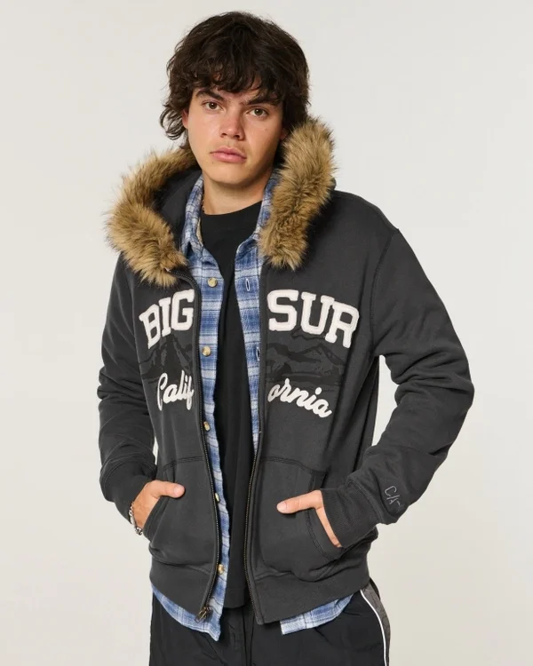 Faux Fur Trim Zip-Up Big Sur Graphic Hoodie Faux Fur Trim Zip-Up Big Sur Graphic Hoodie