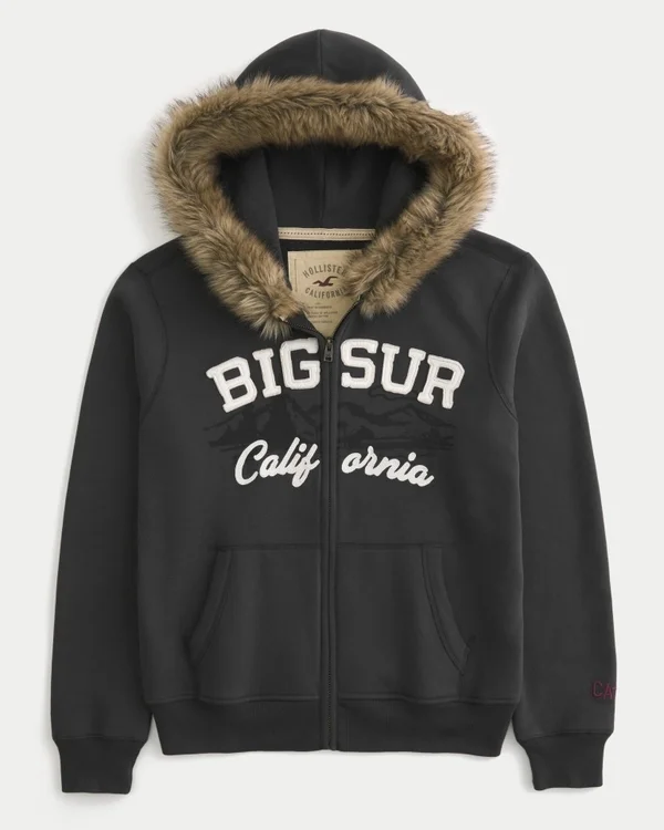Faux Fur Trim Zip-Up Big Sur Graphic Hoodie Faux Fur Trim Zip-Up Big Sur Graphic Hoodie