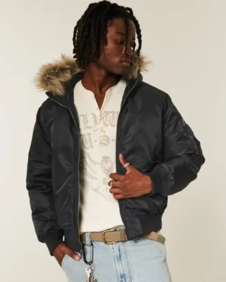 Faux Fur Trim Zip-Up Bomber Jacket