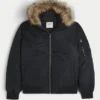 Faux Fur Trim Zip-Up Bomber Jacket Faux Fur Trim Zip-Up Bomber Jacket