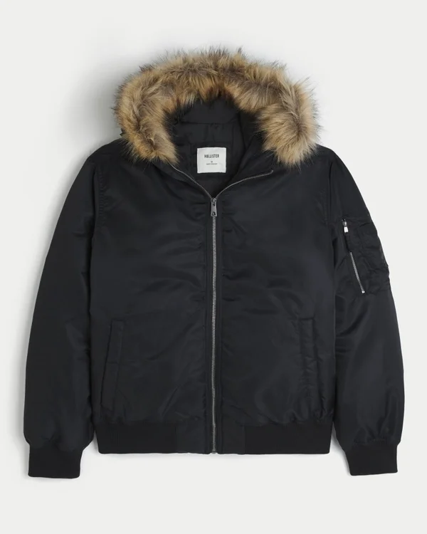 Faux Fur Trim Zip-Up Bomber Jacket Faux Fur Trim Zip-Up Bomber Jacket