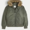 Faux Fur Trim Zip-Up Bomber Jacket Faux Fur Trim Zip-Up Bomber Jacket