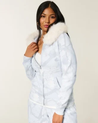 Faux Fur Trim Zip-Up Camo Hoodie