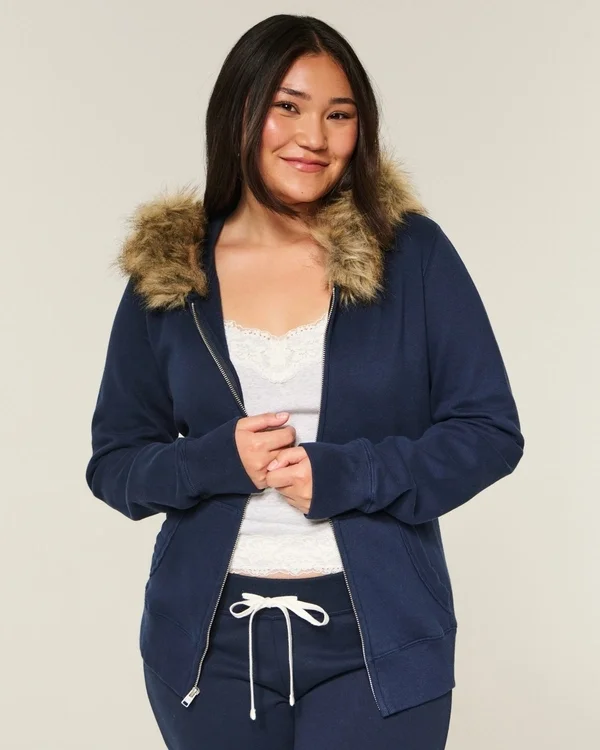 Faux Fur Trim Zip-Up Hoodie Faux Fur Trim Zip-Up Hoodie