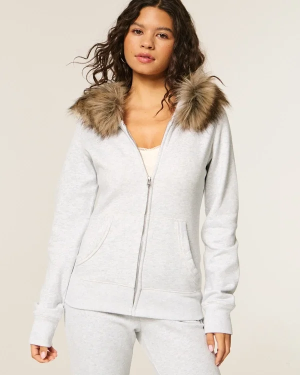 Faux Fur Trim Zip-Up Hoodie Faux Fur Trim Zip-Up Hoodie