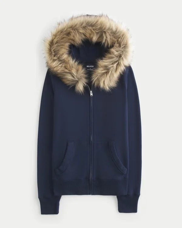 Faux Fur Trim Zip-Up Hoodie Faux Fur Trim Zip-Up Hoodie