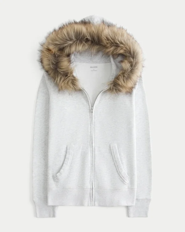 Faux Fur Trim Zip-Up Hoodie Faux Fur Trim Zip-Up Hoodie