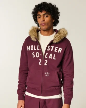 Faux Fur Trim Zip-Up Logo Graphic Hoodie Faux Fur Trim Zip-Up Logo Graphic Hoodie