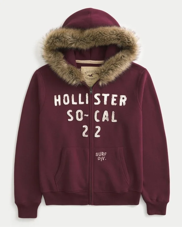 Faux Fur Trim Zip-Up Logo Graphic Hoodie Faux Fur Trim Zip-Up Logo Graphic Hoodie