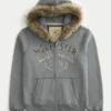 Faux Fur Trim Zip-Up Logo Graphic Hoodie