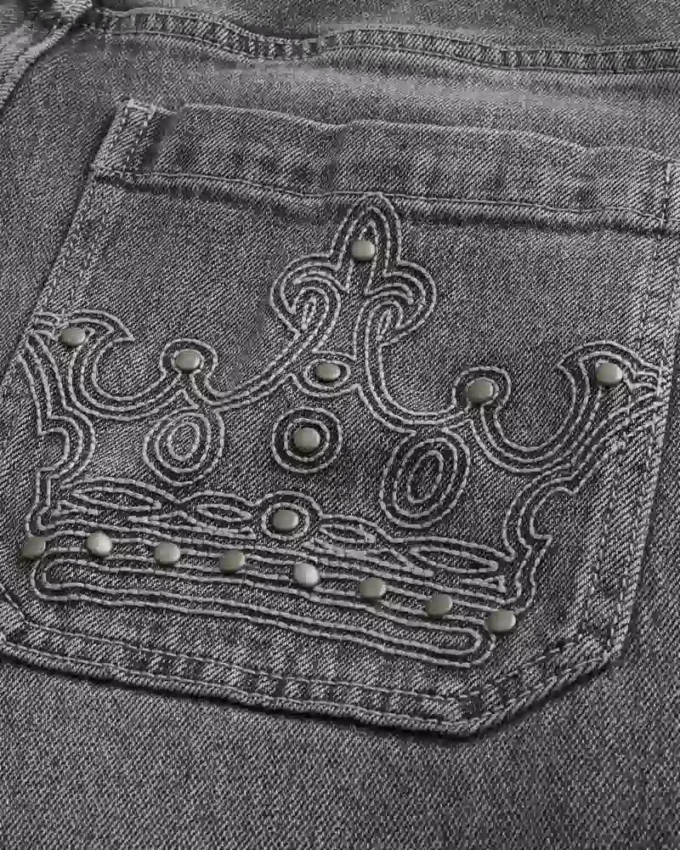 Grey Embroidered Studded Skater Baggy Jeans Grey Embroidered Studded Skater Baggy Jeans