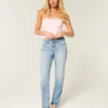 High-Rise Distressed Light Wash Straight Jeans