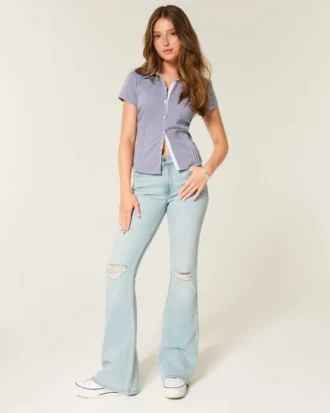 High-Rise Ripped Light Wash Flare Jeans