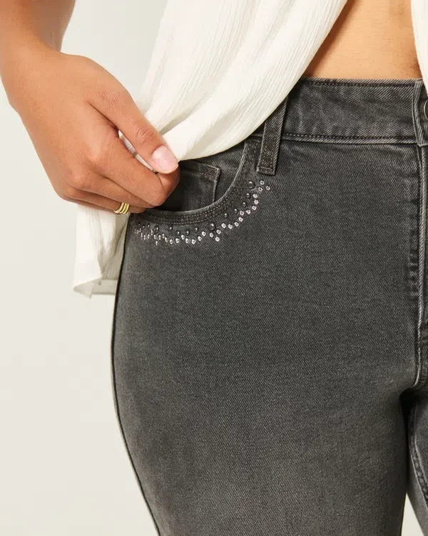 High-Rise Washed Black Embroidered Flare Jeans High-Rise Washed Black Embroidered Flare Jeans