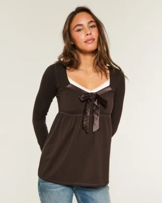 Holiday Vault Release Easy Satin Tie-Front Knit Babydoll Top