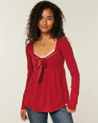 Holiday Vault Release Easy Satin Tie-Front Knit Babydoll Top