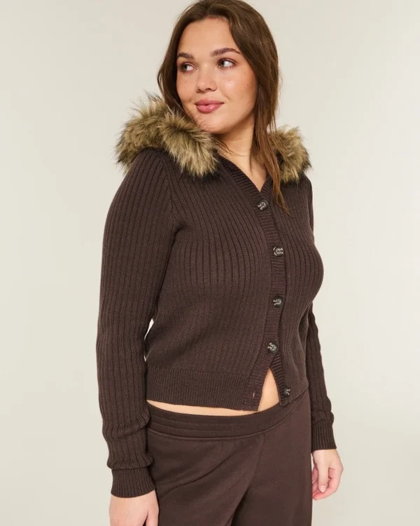 Hooded Faux Fur Trim Cardigan Hooded Faux Fur Trim Cardigan