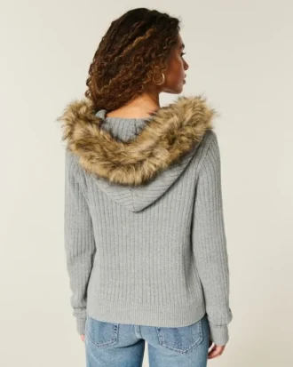Hooded Faux Fur Trim Cardigan