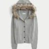 Hooded Faux Fur Trim Cardigan Hooded Faux Fur Trim Cardigan