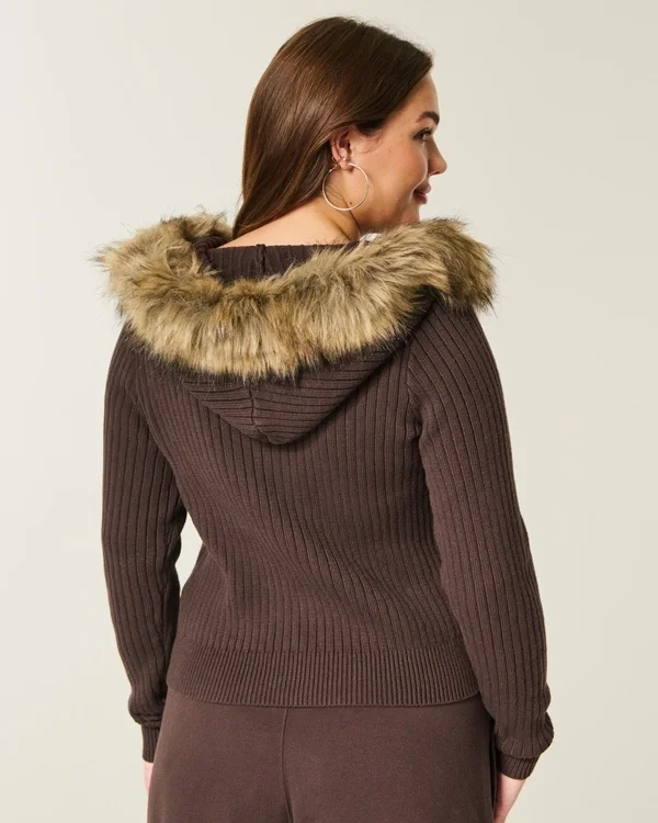 Hooded Faux Fur Trim Cardigan Hooded Faux Fur Trim Cardigan