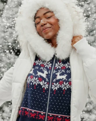 Hooded Faux Fur trim Fair Isle Zip-Up Sweater