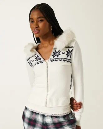 Hooded Faux Fur trim Fair Isle Zip-Up Sweater