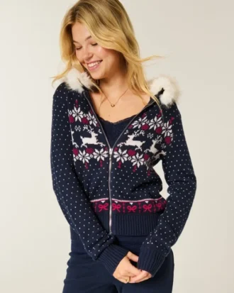 Hooded Faux Fur trim Fair Isle Zip-Up Sweater