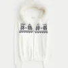 Hooded Faux Fur trim Fair Isle Zip-Up Sweater