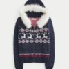Hooded Faux Fur trim Fair Isle Zip-Up Sweater