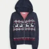 Hooded Faux Fur trim Fair Isle Zip-Up Sweater
