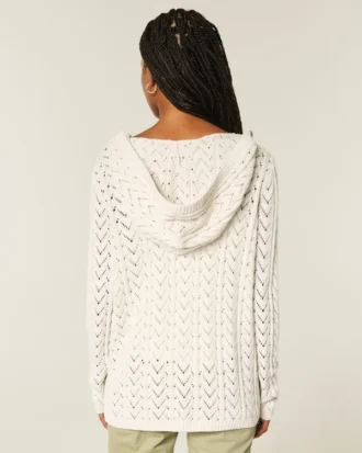 Hooded Open-Stitch No-Close Cardigan