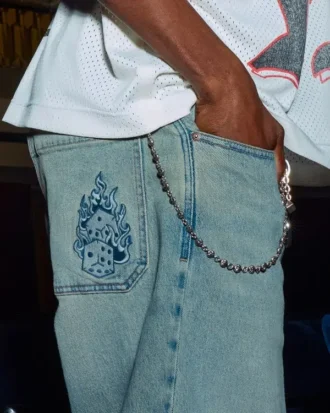 Light Wash Embroidered Dice Skater Baggy Jeans Light Wash Embroidered Dice Skater Baggy Jeans