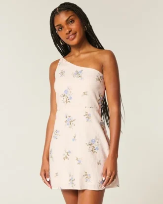 Linen-Blend Asymmetrical Mini Dress