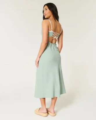 Linen-Blend Open-Back Slip Midi Dress