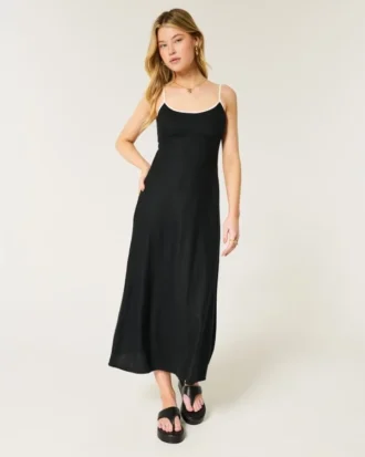Linen-Blend Open-Back Slip Midi Dress