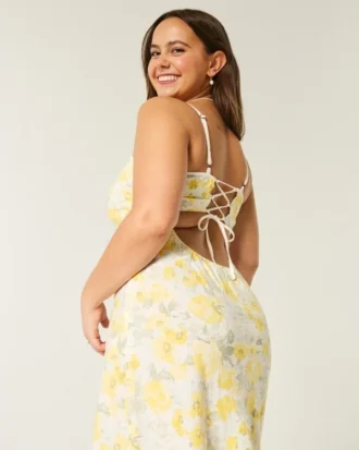 Linen-Blend Open Back Slip Midi Dress